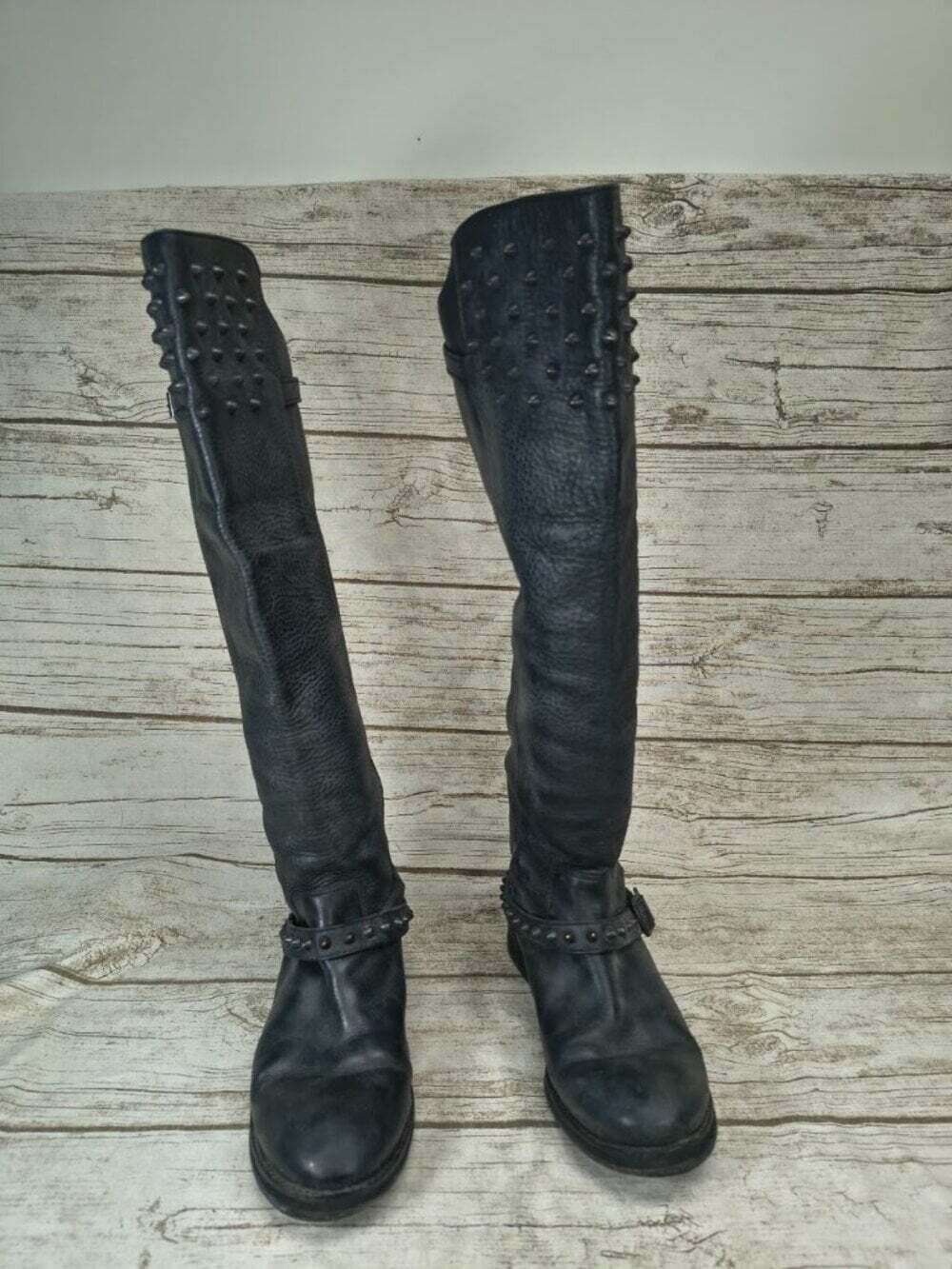ASH Black Leather Studded Knee High Riding Boots Size 38